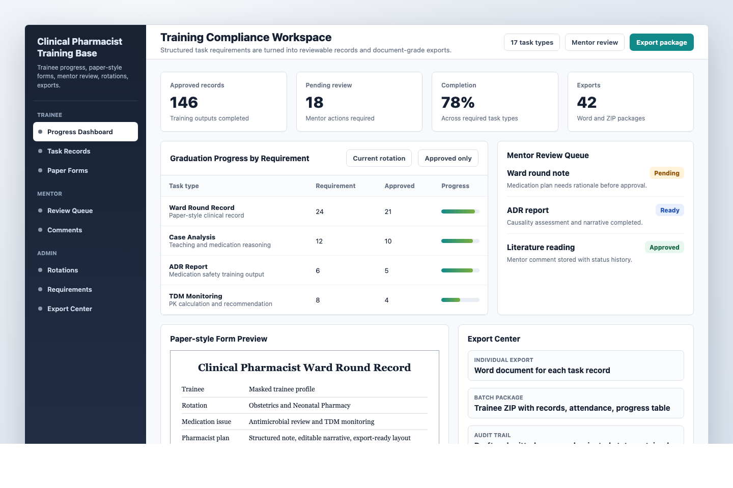 English interface preview of the clinical pharmacist training base